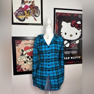 SoCal Blue Hooded Button Up Flannel Long Sleeve Top